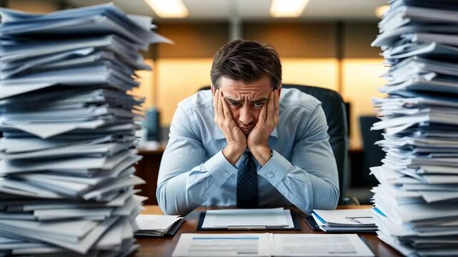 businessman under stress sits at his desk, holds his head in his hands, there are a lot of papers on the table

