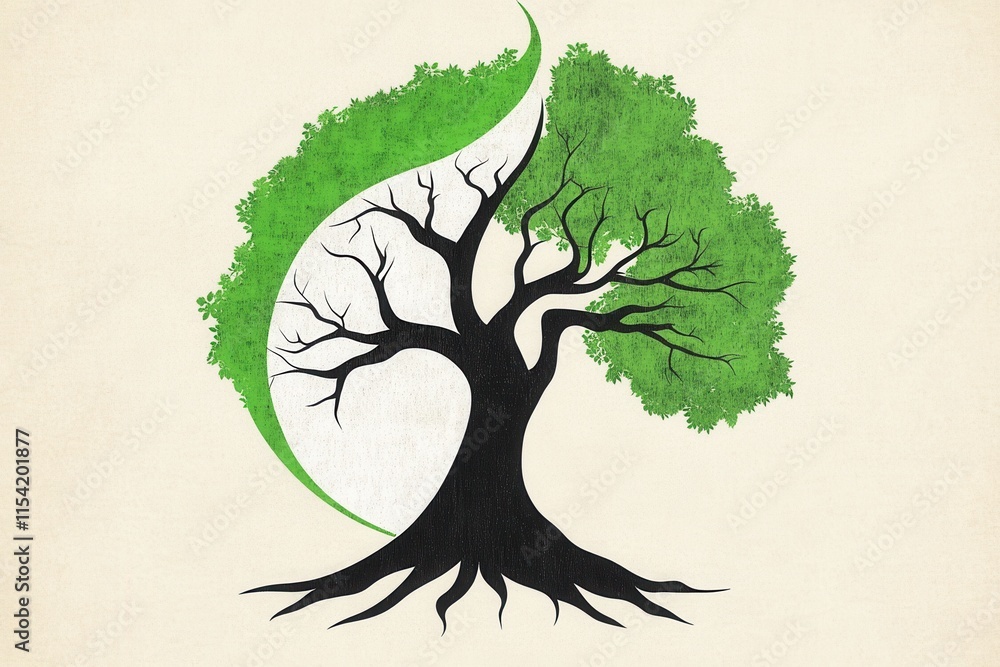 Poster artistic representation of a tree with green leaf elements on background