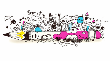 Doodle City Bursts from Pink Pencil; Creative Imagination,  Background White; Design, Illustration.