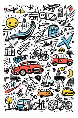 Doodle Cityscape Urban Transport & Leisure Activities Illustration.