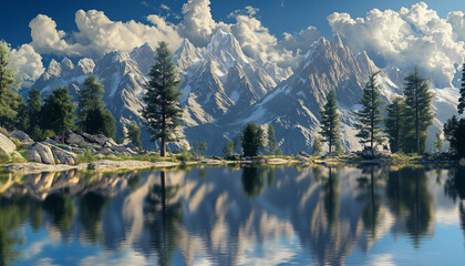 Naklejka premium Serene Mountain Lake Reflection with Majestic Peaks