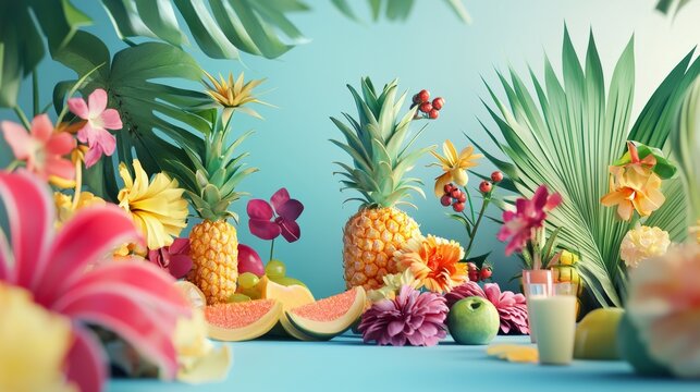 Tropical fruits and plants in a vibrant display
