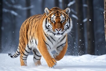 Obraz premium tiger running in the snow in front of a tree