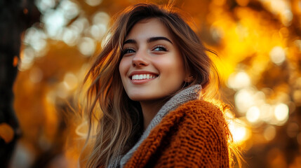 Fototapeta premium Smiling woman in autumn sweater surrounded by golden leaves in a park. 