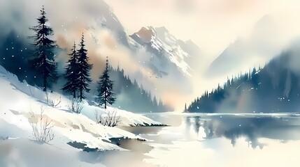 Fototapeta premium Serene Winter Landscape with Snowy Mountains and Calm Lake
