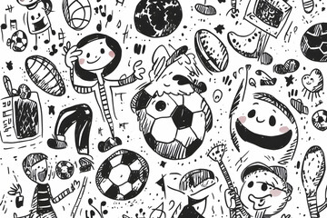 Fototapeta premium Doodle illustration of kids playing sports and music on white background for children's book.