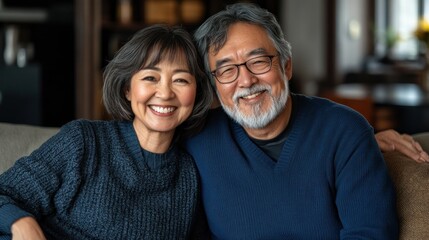 Fototapeta premium Happy couple sits together on a couch, sharing smiles and affection in a cozy home setting