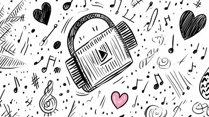 Obraz premium Doodle Music Player App Icon Design, Music Notes Background, White Background, Digital Illustration, Website Graphic.