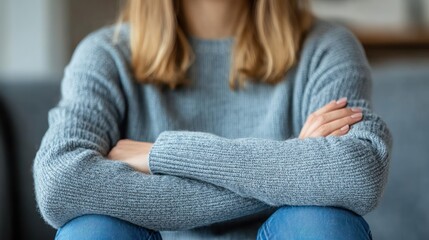 Fototapeta premium A woman sits cross legged in a relaxed posture, wearing a warm gray sweater, in a calm indoor environment