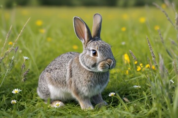 Fototapeta premium there is a rabbit that is sitting in the grass with flowers