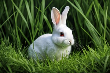 there is a white rabbit sitting in the grass with its ears up