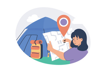 Travel and tourism web concept with flat cartoon people for website design. Woman with backpack hiking and resting in campground in tent, looks at route map, trekking and camping. Vector illustration.