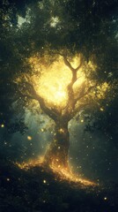 Fototapeta premium Fantasy inspired scene of a glowing magical tree in the forest. Symbolizes growth, renewal, and the beauty of nature��s unspoken magic. HD phone wallpaper.