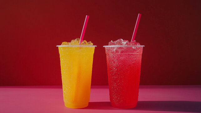 Colorful plastic cups with refreshing red and yellow drinks on a vivid background, perfect for modern beverage branding, advertising, or creative soft drink packaging design.