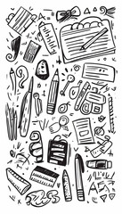 Doodle Stationery Supplies Desk Chaos White Background Design Element.
