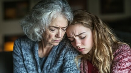 Grandmother comforts her granddaughter as they share a poignant moment of connection and support indoors