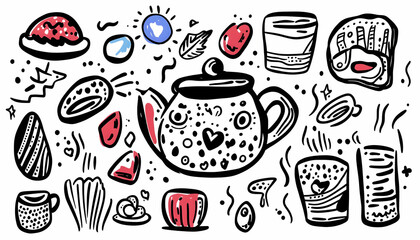 Doodle Teapot, Snacks, Drinks, Background Design Elements, Food Blog.