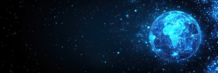 Obraz premium Earth is depicted with glowing networks in a beautiful starry space setting at night