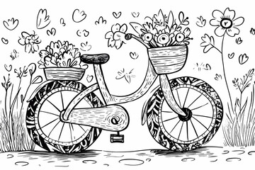 Flower-filled bike, whimsical garden, coloring page, spring design.
