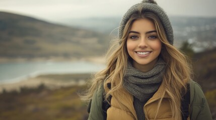Smiling girl wearing a beanie and scarf enjoys a hike in a scenic, mountainous landscape