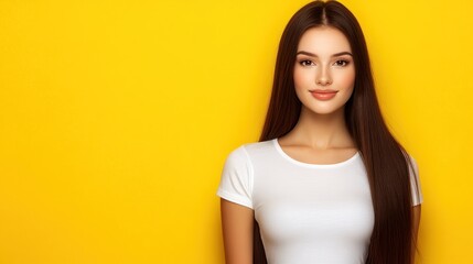 Obraz premium Woman smiles confidently with long dark hair in a white shirt set against a vibrant yellow backdrop