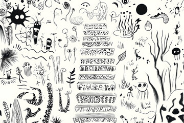 Obraz premium Hand-drawn Aboriginal art patterns, symbols, and figures on white background, for textile or website design.