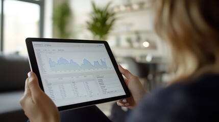 Close-up of a tablet displaying business data, market analysis, and financial performance in an office