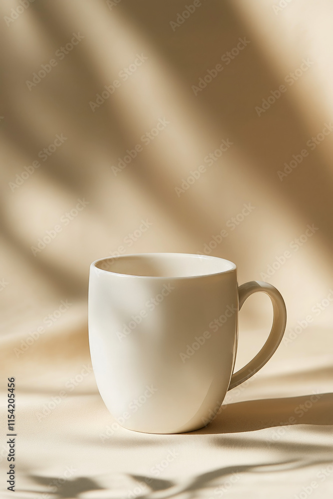 Poster minimalist shot of a clean white coffee mug on a smooth beige background, with subtle soft shadows.