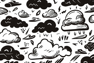 Hand-drawn clouds, rain, and weather seamless pattern; white background; design resource.