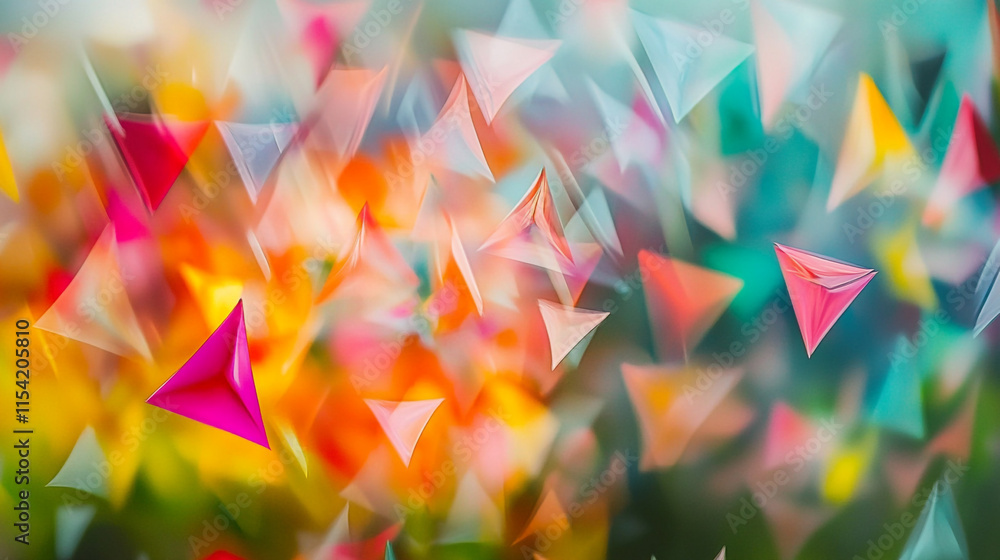 Poster colorful abstract triangles floating in a vibrant atmosphere during the day.