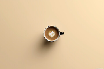 Top-down view of a single coffee cup with perfectly poured latte art on a plain beige background, minimalist aesthetic.