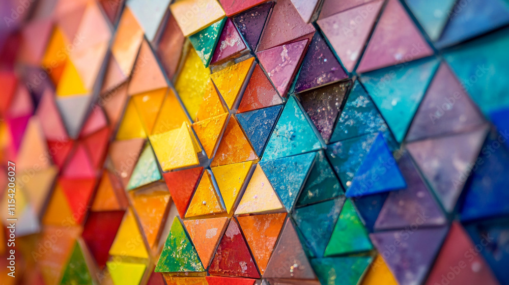 Poster colorful triangular tiles create a vibrant geometric pattern in an artistic display.