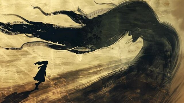 A determined girl struggles to outrun her shadow, symbolizing inner battles and the pursuit of self-discovery.