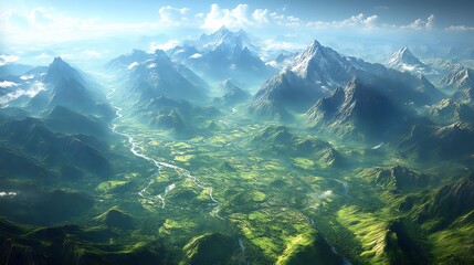 Majestic aerial view of a vast mountain range and verdant valley.