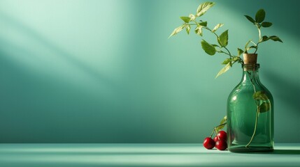 Simple glass bottles with flowers on a green background