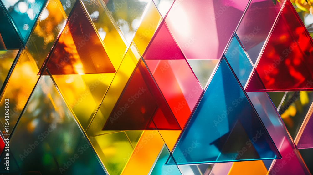 Poster colorful transparent triangles creating vibrant light patterns in natural setting.