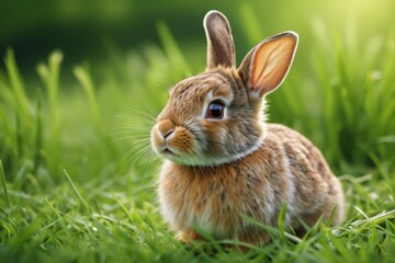 Fototapeta premium there is a small rabbit sitting in the grass looking at the camera