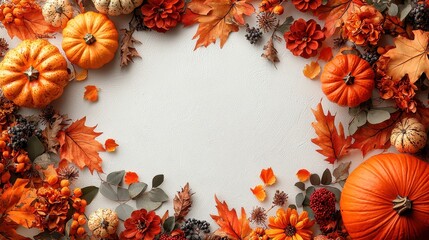 Autumn harvest celebration with pumpkins and leaves nature decorative arrangement festive atmosphere top-down view seasonal beauty