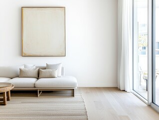 Modern living room interior design with large window and natural light.