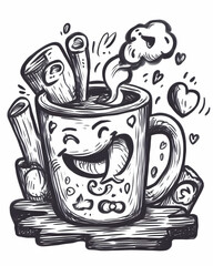 Happy Cartoon Mug Hot Chocolate Cozy Winter Drink Illustration.