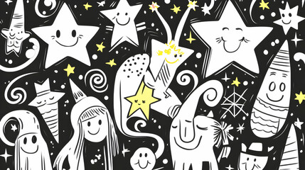 Happy Cats, Stars, Night Sky Doodle, Childrens Book Illustration.
