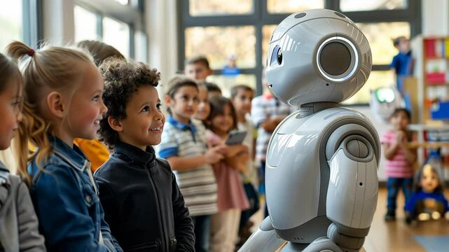 A futuristic robot interacting with children in a public space, possibly a science or tech exhibition.