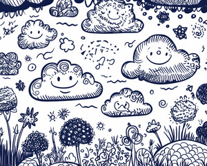 Happy Clouds Doodle Art Background for Kids' Book Illustration.