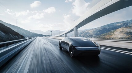 Obraz premium Futuristic self-driving car in motion scenic highway digital art open landscape aerial perspective innovation concept