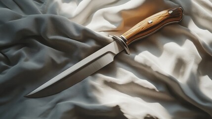 Elegant fixed blade knife with wooden handle rests on draped fabric.