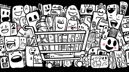 Obraz premium Happy Groceries Doodle Cart Shopping Spree Background.