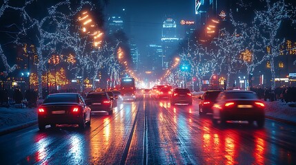 Night Cityscape Snowy Street Festive Lights Traffic Flow