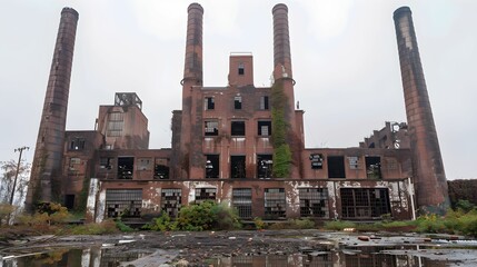 Fototapeta premium Abandoned industrial building with smokestacks and overgrown vegetation in a desolate area