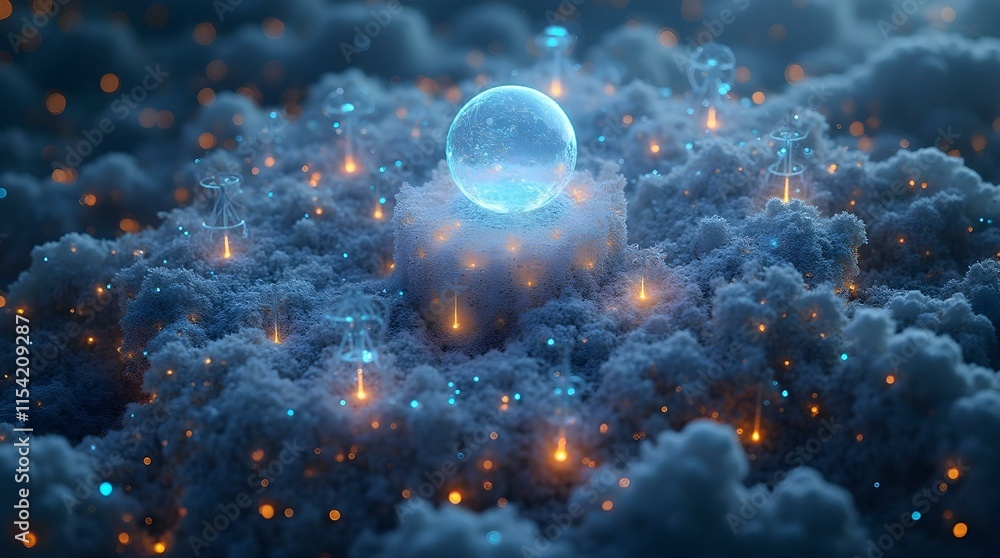 Poster a glowing sphere hovers above a textured, cloud-like surface with glowing particles and beams of lig