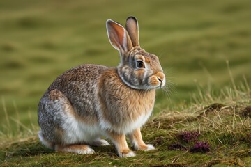 there is a rabbit that is sitting on the grass in the field